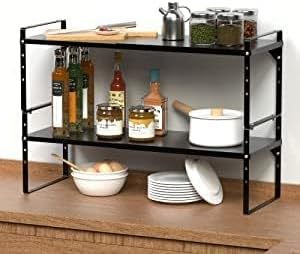 KIKIBRO Expandable Cabinet Shelf Organizer, Stackable Kitchen Pantry Counter Storage, Adjustable Closet Cupboard Stand Rack Risers Spice Organization 80LBS Heavy Duty Black Small 1 Pack