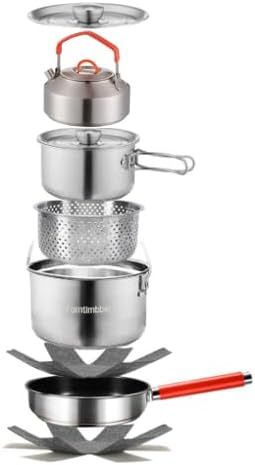 Tomtimbber Camping Cookware Set 304 Stainless Steel Cooking Pots Pan Kettle Set with Travel Tote Bag for Camping Outdoor Kitchen Cooking Picnic for 4-6