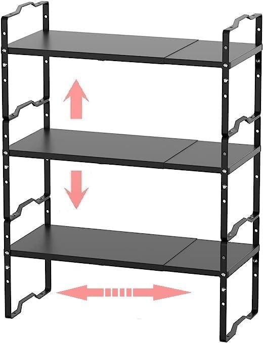 Jojocross Expandable Shelf for Cabinet Organizer Adjustable Stackable Spice Rack at Kitchen and Bathroom More, Counter Countertop Cupboard Organization Pantry Storage(MEDIUM/3PACKS/BLACK)