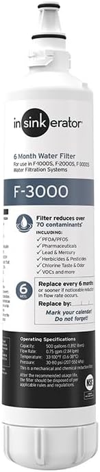 INSINKERATOR F-2000 Under Sink Water Filter Replacement Cartridge for Water Filtration System, VOCs and Lead Filter