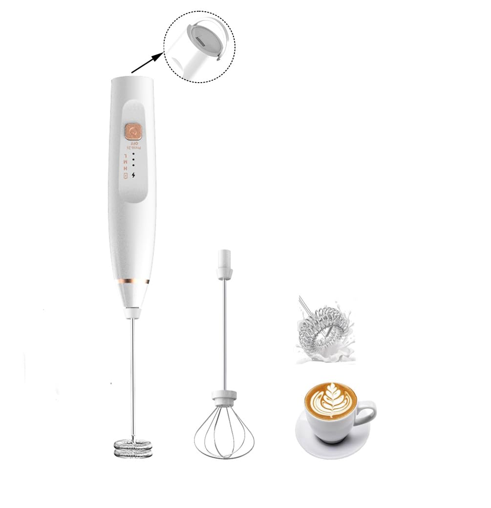 Milk Frother Handheld Foam Maker with 2 Stainless Stirring Head 3 Speed Rechargeable Electric Blender Milk Frother Wand Drink Mixer for Cappuccino Matcha Latte Hot Chocolate Protein Powder Egg (White)