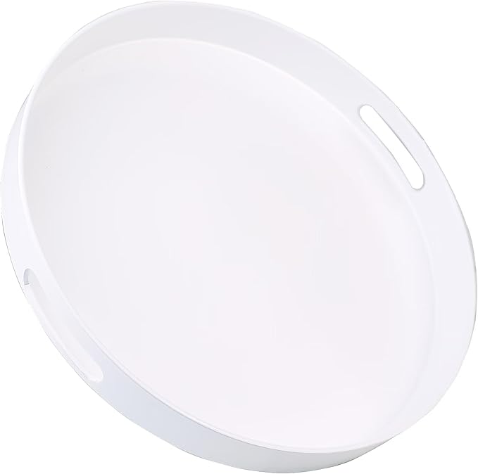 SforGUVA Round White Decorative Serving Tray with Handles, 13” Versatile Ottoman Tray for Coffee Table, Entertaining, Outdoor Patio, Living Room