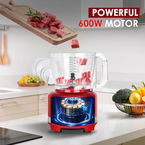 Homtone 16-Cup Food Processor, Heavy-Duty 9-Function Appliance with 7 Blades & 3 Speeds for Dough Kneading, Meat Chopping, Slicing, Shredding & Making French Fries, 600W (Red, 16 Cup)