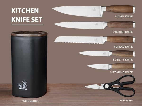 Knife Block Set（Walnut handle）, 7-Piece Black Kitchen Knife Set for Home, Anti-Rust Non-stick Stainless Steel Sharp Chef Knife Set with Universal