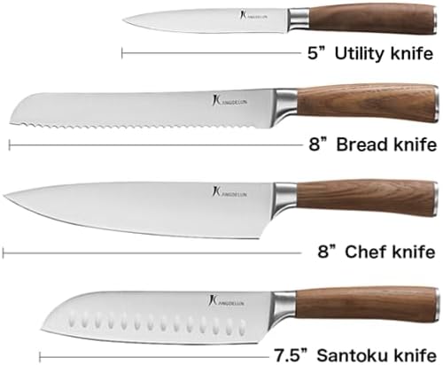 kangdelun Ultra Sharp 4-Piece Chef Knife Set, 50Cr15MoV High-Carbon Stainless Steel, Torrefied Brown Ash Wood Handles, Magnetic Gift Box