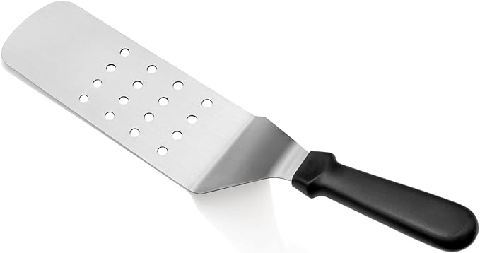 New Star Foodservice 14.5 Inch Perforated Flexible Grill Turner, Stainless Steel Spatula with Black Plastic Handle for Griddle, Flat Top, Grill, and Restaurant Use
