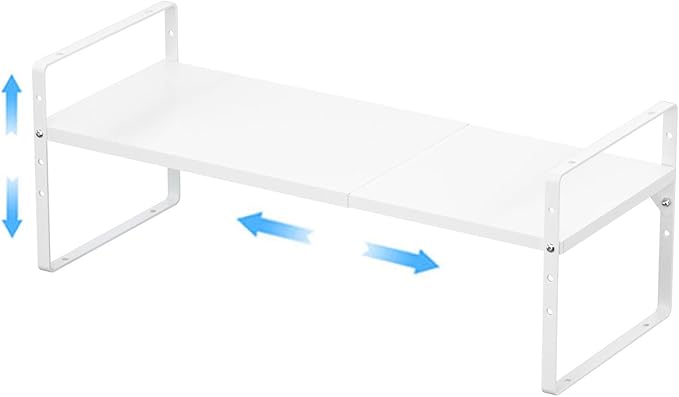 GEDLIRE Expandable Kitchen Cabinet Shelf Organizers, Stackable Metal Pantry Storage Shelves Rack, Adjustable Counter Spice Shelf for Cabinets, Countertop, Cupboard Organizers and Storage, White