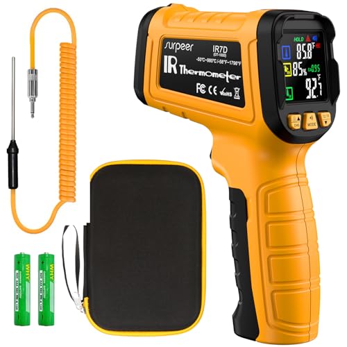 Surpeer 50:1 Infrared Thermometer IR Laser Gun, -58°F to 1796°F, Digital Temperature Gun/K-Type Probe -4°F to 932°F & Humidity Sensor for Cooking, Pizza Oven BBQ HVAC Home-Industrial Use