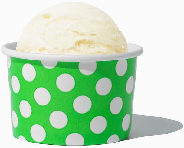 UNIQ 4 oz 1000 Pack Green Polka Dot Ice Cream Cups | Disposable Leak Resistant Paper Dessert Cups for Ice Cream, Frozen Yogurt & Gelato | Small Food Serving Cups for Parties, Catering & Business