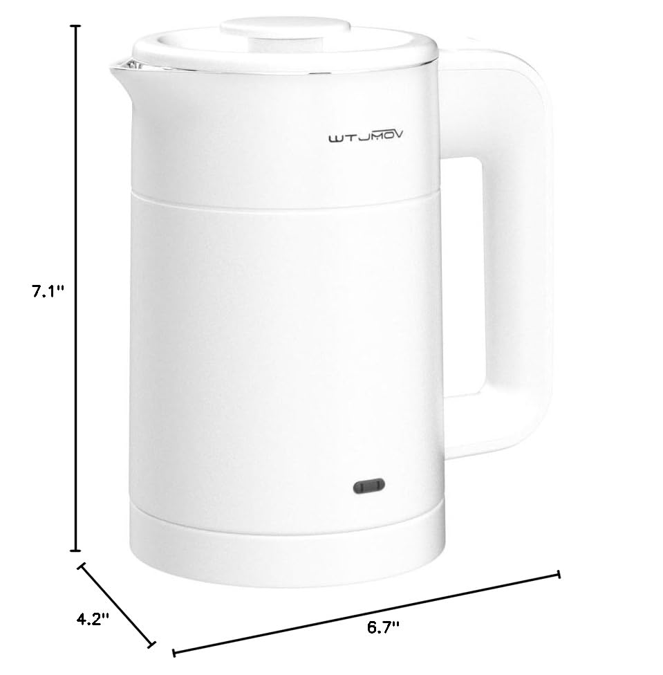 WTJMOV 0.6L Small Electric Tea Kettle Lightweight, 20 Ounce Double Wall Hot Water Boiler Stainless Steel Auto Shut-off, 120V Portable Travel Electric Kettle Fast Boil for Tea and Coffee,White