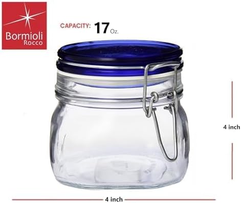 Bormioli Rocco Fido Glass Jar, Blue Lid - Food Storage Container with Airtight Seal - 17.5 oz Clamp Lock Canister for Dry Foods, Appetizers & Desserts - Italian Glass, Dishwasher Safe