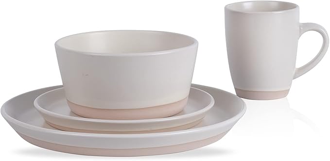 Stone Lain Jules Stoneware 16-Piece Dinnerware Set, Plates and Bowls, Service for 4, Off White, Microwave & Dishwasher Safe