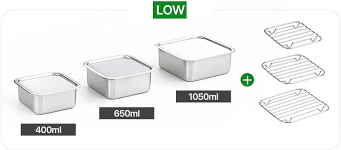 EVERSTEN CuBE Low 3PCS Set Stainless Steel Food Storage Containers With Lids and 3 Net Kitchen Appliances Dishwasher Safe Premium South Korea