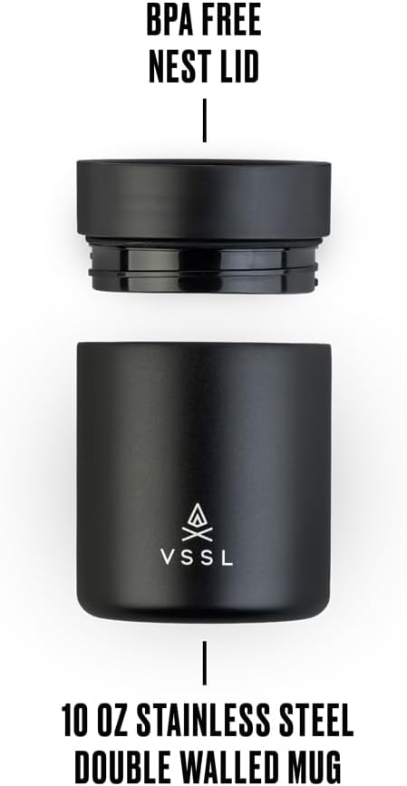 VSSL Nest 10 oz Mug, Stainless Steel, Double Walled, Vacuum Sealed & Integrates Nest Products, (Black)