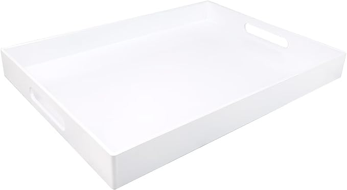SforGUVA White Serving Tray for Coffee Table, Rectangular Plastic Decorative Tray with Handles for Entertaining, Outdoor Patio, Living Room, Ottoman, Bathroom Counter, 11.8”*15.7”*1.6”