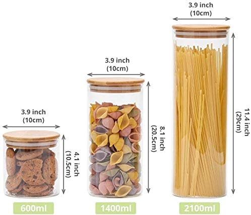 LEAVES AND TREES Y Stackable Kitchen Canisters Set, Pack of 5 Clear Glass Food Storage Jars Containers with Airtight Bamboo Lid for Candy, Cookie, Rice, Sugar, Flour, Pasta, Nuts