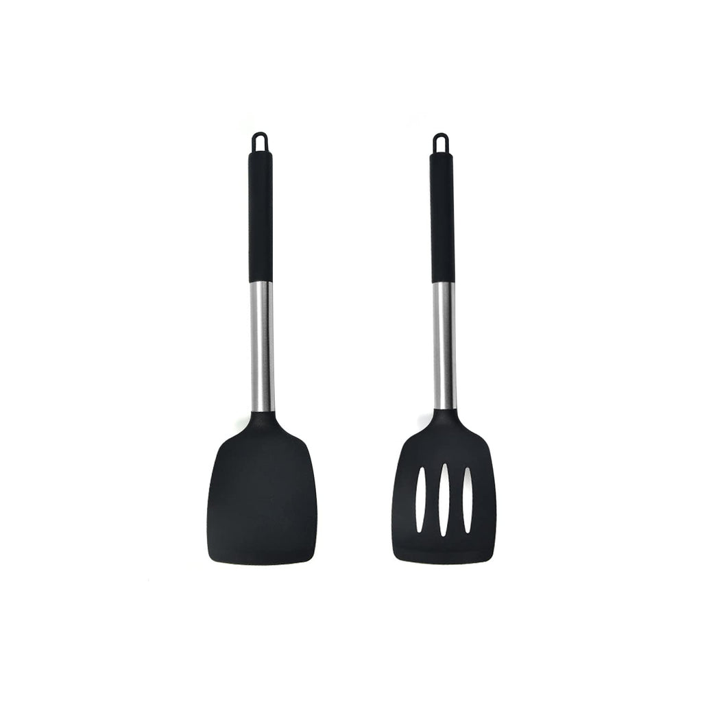 HOIRIX 2Pack Small Silicone Turner High Heat Resistant Slotted Spatula for Fish, Eggs, Pancakes and More (Set of 2, Black2)