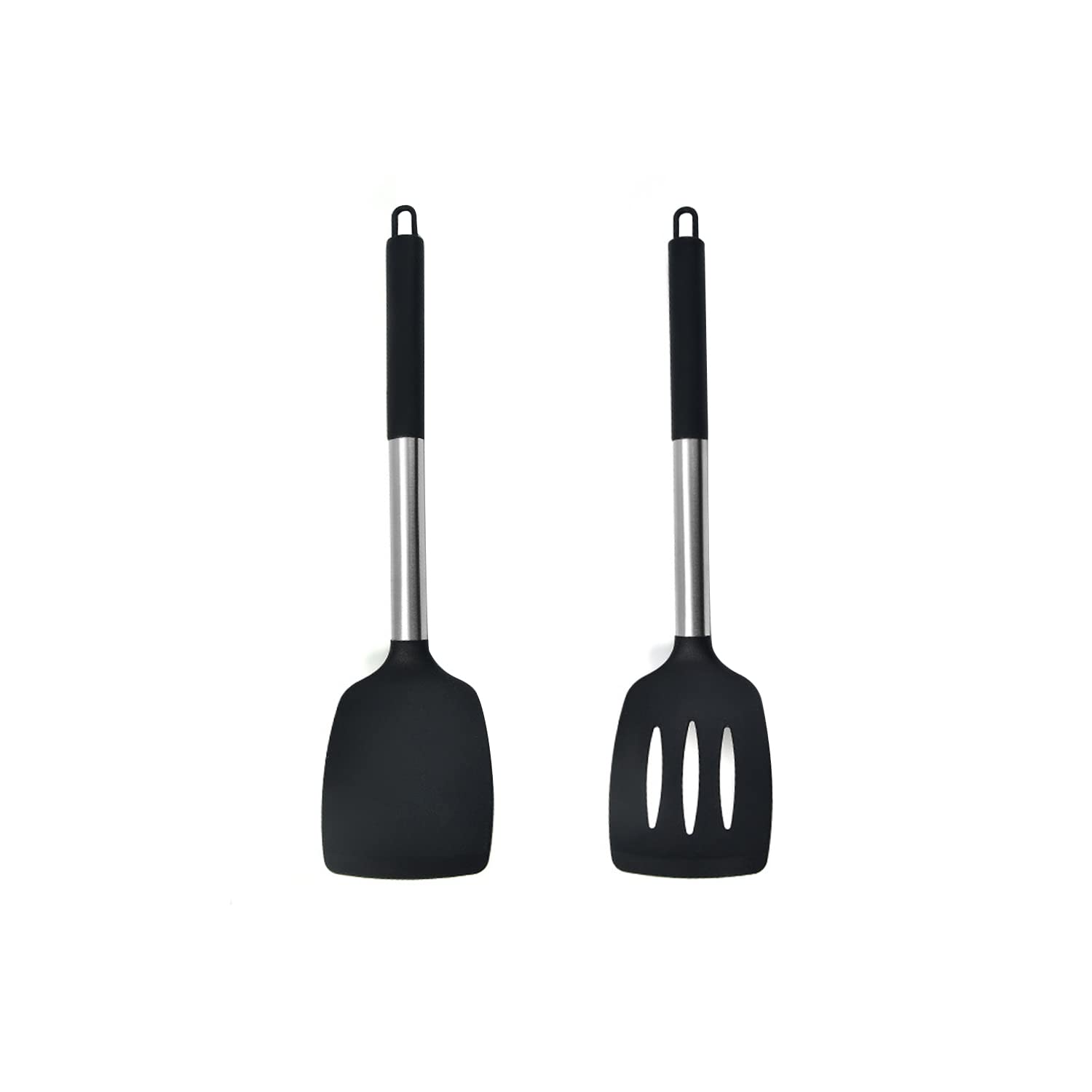 HOIRIX 2Pack Small Silicone Turner High Heat Resistant Slotted Spatula for Fish, Eggs, Pancakes and More (Set of 2, Black2)