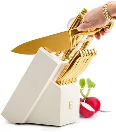 Styled Settings Gold Knife Set with Block and Sharpener, 14-Piece