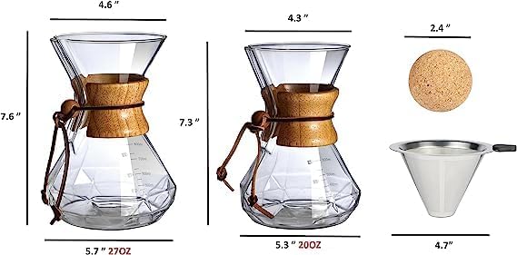 HYAXGM Pour Over Coffee Maker With Wood Sleeve，20oz/600mlPour Over Coffee Dripper,Pour Over Coffee Maker Set With Cork Stopper (20oz/600ml)