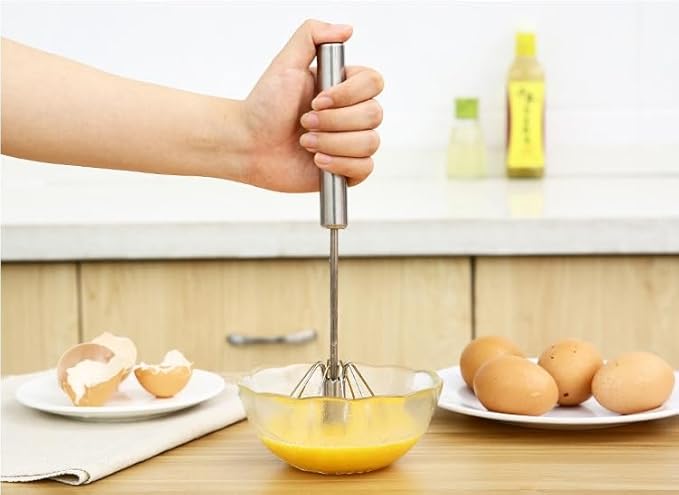2 PCS Stainless Steel Semi-Automatic Whisk, Hand Push Rotary Whisk Blender, Versatile Milk Frother for Blending, Whisking, Stirring (12 Inch)