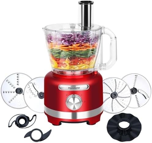 Homtone 16-Cup Food Processor, Heavy-Duty 9-Function Appliance with 7 Blades & 3 Speeds for Dough Kneading, Meat Chopping, Slicing, Shredding & Making French Fries, 600W (Red, 16 Cup)