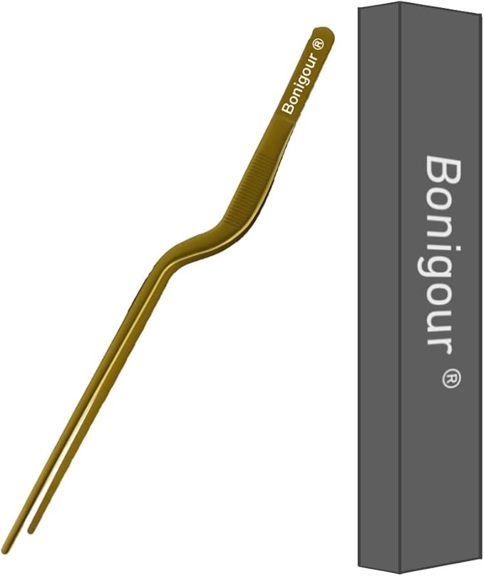 Bonigour 8 Inch Precision Offset Tweezers, Kitchen Culinary Stainless Steel Tongs, Curved Kitchen Cooking Multi-function Chef Precision Tweezer Tongs for Plating, Food Decorating and ect (Gold)