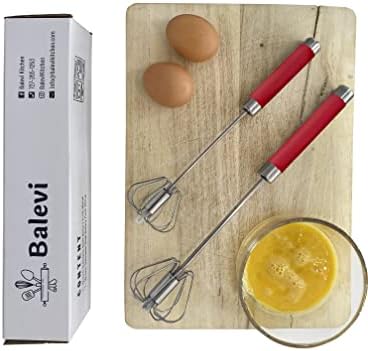 Balevi Stainless Steel Push Whisk - Easy to Use Manual Hand Mixer & Plunger Whisk - Make Froth, Foam & Whipped Cream - Semi Auto Egg Beater Plastic Tip Won’t Scratch Pans (2 Pack 10in & 12in) RED