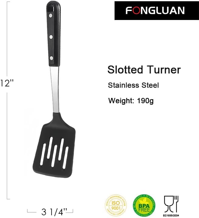 FONGLUAN Stainless Steel Cooking Slotted Turner With Heat-resistant BPA-free nylon head Safe for Non-Stick Cookware POM Handles Heavy Duty Kitchen Spatulas For Serving