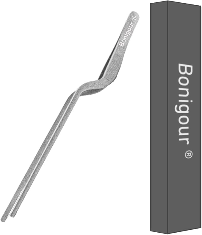 Bonigour 8 Inch Precision Offset Tweezers, Kitchen Culinary Stainless Steel Tongs, Curved Kitchen Cooking Multi-function Chef Precision Tweezer Tongs for Plating, Food Decorating and ect (Silver)