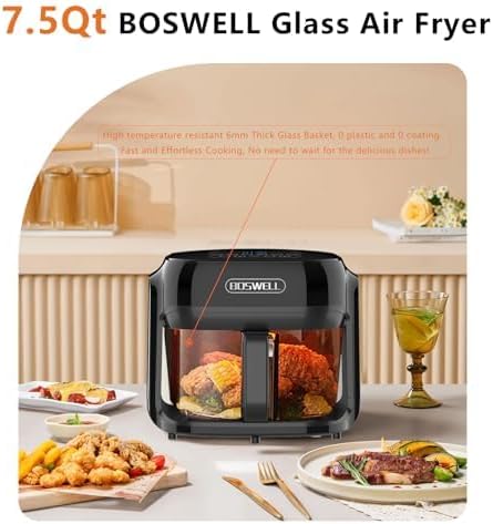 BOSWELL 7.5 QT Large Glass Air Fryer, 6-1 Preset Cook Modes