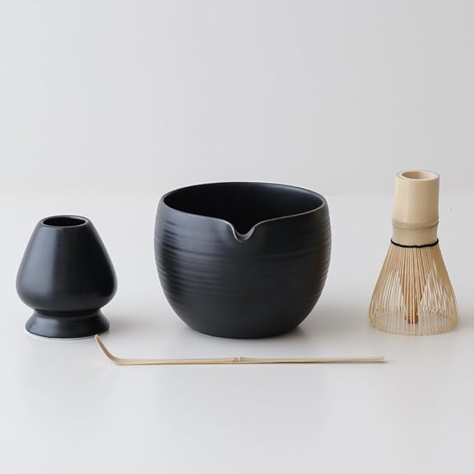 WENSHUO Matcha Whisk Set, Ceramic Matcha Bowl with Spout, Black,6-Pc