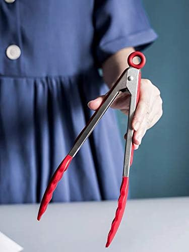 HINMAY Silicone Cooking Tongs 9-Inch Serving Tongs, Set of 3 (Red)
