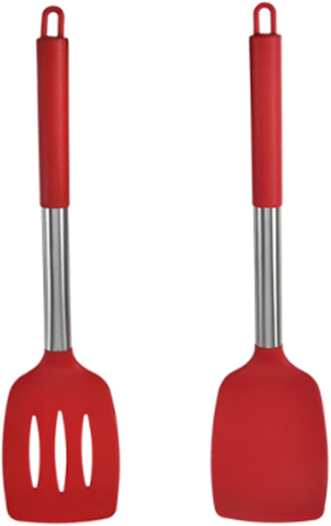 HOIRIX 2Pack Small Silicone Turner High Heat Resistant Slotted Spatula for Fish, Eggs, Pancakes and More (Set of 2, Red2)