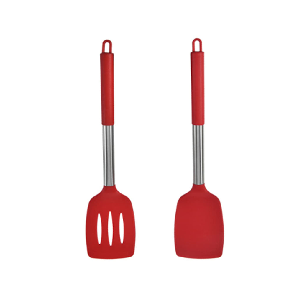 HOIRIX 2Pack Small Silicone Turner High Heat Resistant Slotted Spatula for Fish, Eggs, Pancakes and More (Set of 2, Red2)