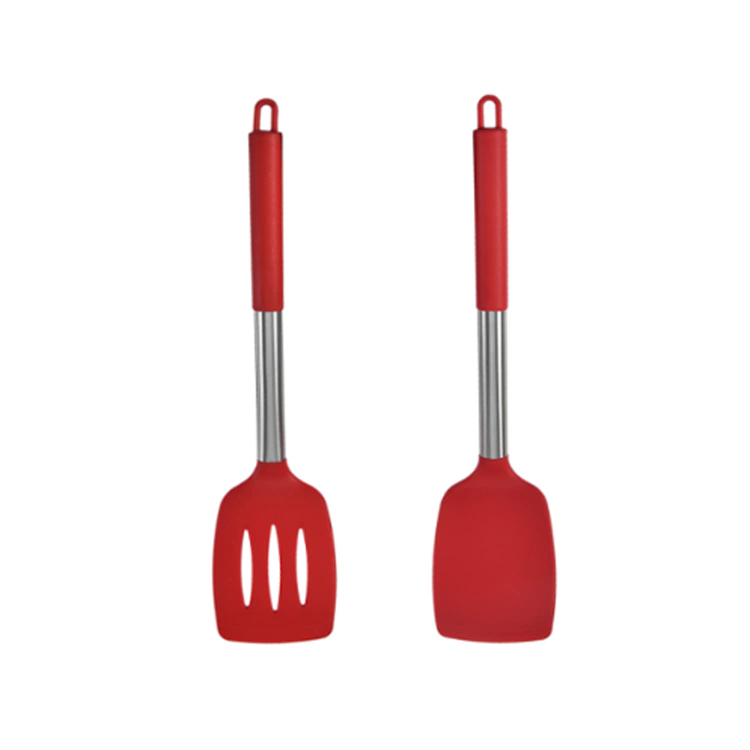 HOIRIX 2Pack Small Silicone Turner High Heat Resistant Slotted Spatula for Fish, Eggs, Pancakes and More (Set of 2, Red2)