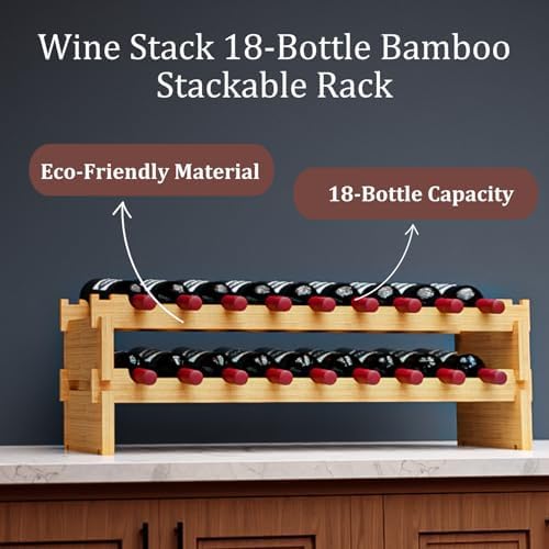 Wine Stack 18 Bottle Bamboo Stackable Small Wine Rack for Countertop, No Tools Assembly, Durable, Wine and Liquor Bottle Storage for Small Spaces