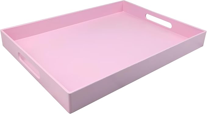 SforGUVA Pink Serving Tray for Coffee Table, Rectangular Plastic Decorative Tray with Handles for Entertaining, Outdoor Patio, Living Room, Ottoman, Bathroom Counter, 11.8”*15.7”*1.6”