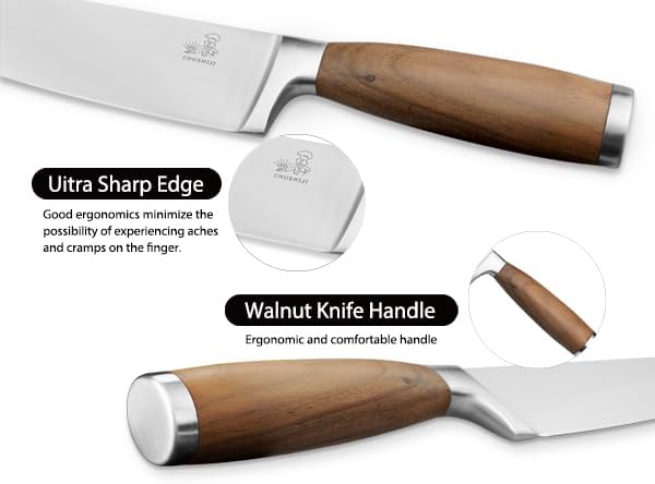 Knife Block Set（Walnut handle）, 7-Piece Black Kitchen Knife Set for Home, Anti-Rust Non-stick Stainless Steel Sharp Chef Knife Set with Universal