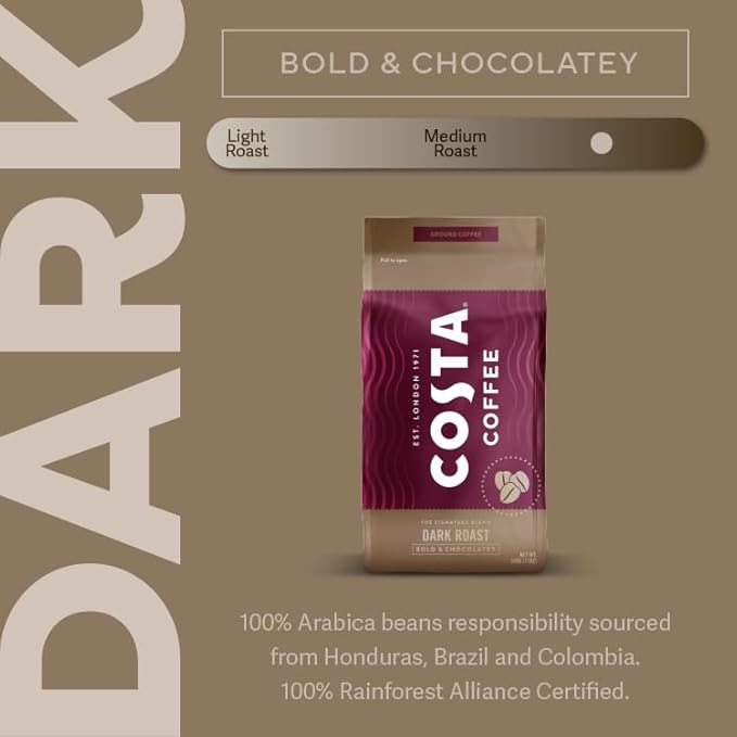 Costa Coffee Ground Dark Roast Coffee, Bold & Chocolatey, 12 Oz Bag