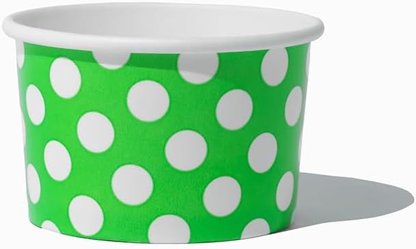 UNIQ 4 oz 1000 Pack Green Polka Dot Ice Cream Cups | Disposable Leak Resistant Paper Dessert Cups for Ice Cream, Frozen Yogurt & Gelato | Small Food Serving Cups for Parties, Catering & Business