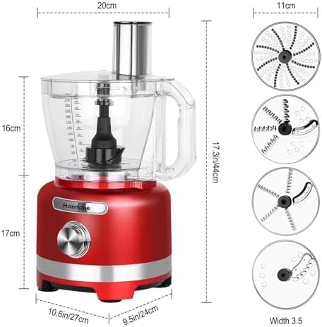 Homtone 16-Cup Food Processor, Heavy-Duty 9-Function Appliance with 7 Blades & 3 Speeds for Dough Kneading, Meat Chopping, Slicing, Shredding & Making French Fries, 600W (Red, 16 Cup)