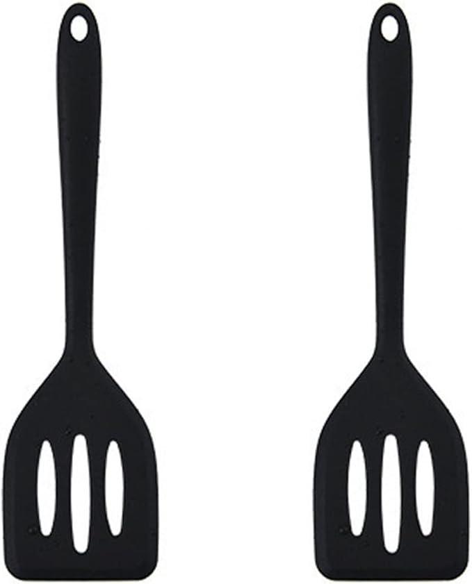 HOIRIX 2Pack Small Silicone Turner High Heat Resistant Slotted Spatula for Fish, Eggs, Pancakes and More (12 IN, Black)