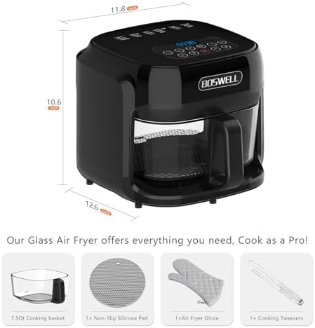 BOSWELL 7.5 QT Large Glass Air Fryer, 6-1 Preset Cook Modes