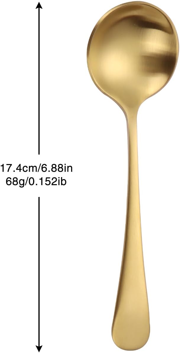 Mafier 7" Round Soup Spoons Set of 4,18/10 Stainless Steel Heavy Duty with Deep Bowl,Matte Stain Finish,Dishwasher Safe(Gold)