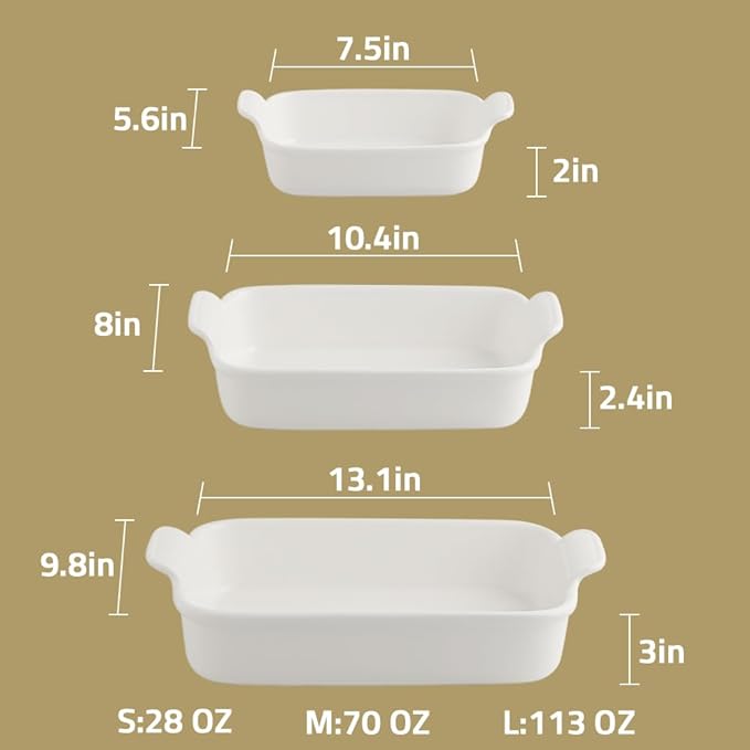 Sweejar Baking Pans Set, Ceramic 9x13 Baking Dish with Handle, Rectangular Casserole Dishes for Oven, Bakeware Sets of 3, Durable Lasagna Pan Deep for Kitchen, Banquet, Wedding Gift(White)