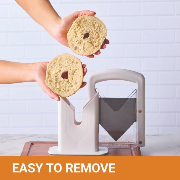 Hoan The Original Bagel Guillotine Slicer - 9.25-Inch Stainless Steel Blade Slicer - Safe and Efficient Easy Bagel Cutter for Muffins, Rolls, Buns with Precision Ground Serrated Blade (White)
