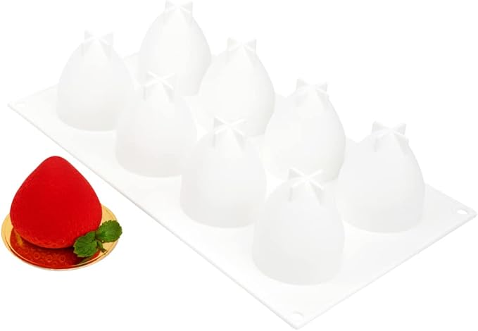 Pastry Tek 8 Cavities Strawberry Silicone Molds, 10 Oven-Ready Strawberry Molds - Flexible, Freezable, White Silicone Fruit Silicone Molds, Easy Release, For Baking - Restaurantware
