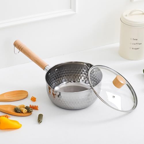 SISEM 1.5 Quart Stainless Steel Pot With Glass Lid. Traditional Japanese Saucepan Wth Wood Handle, Multipurpose Sauce Pan With Two Side Pour Spouts & Measurement Line, Great for Ramen, Milk etc.