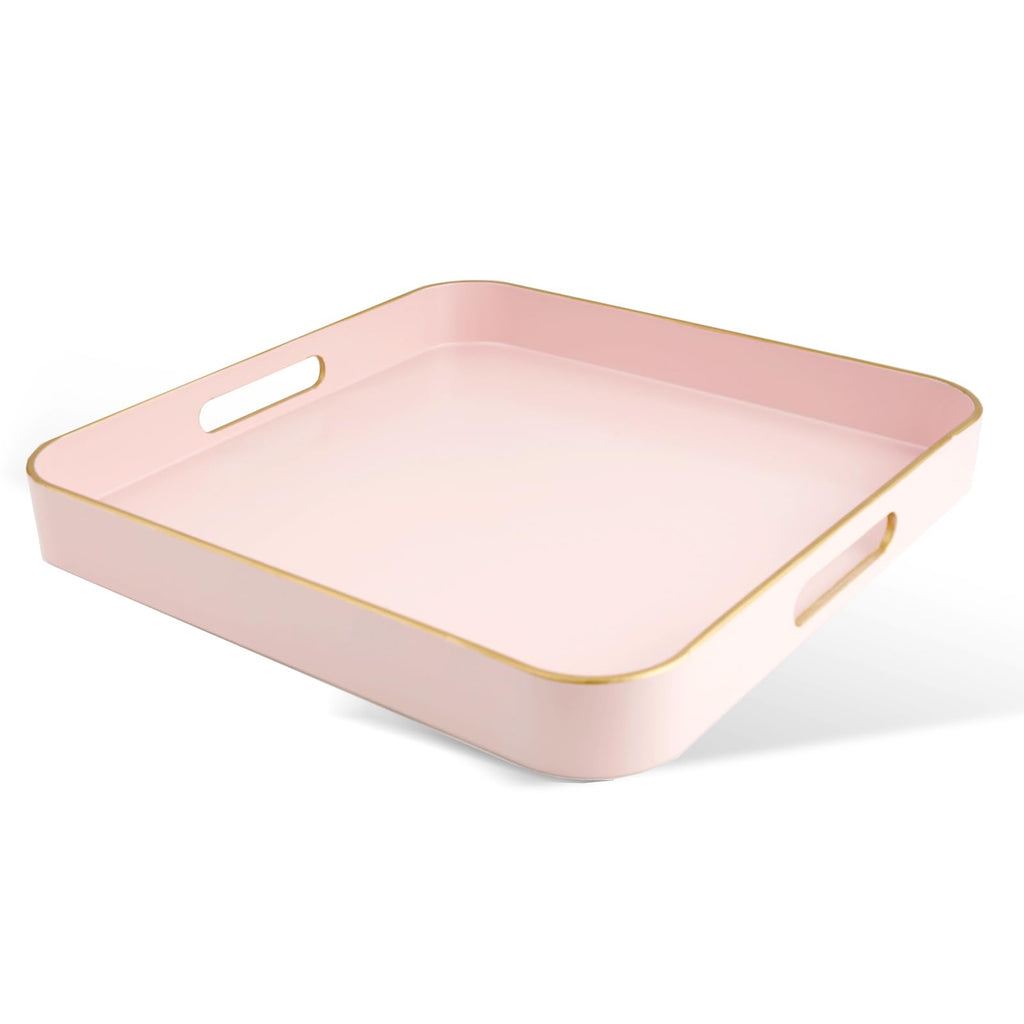 Gifturbo Pink Square Decorative Tray,Serving Tray with Handles with Gold Trimming Plastic Coffee Table Tray for Ottoman, Living Room, Home Decor,Bathroom with Gold Trimming, 13” x 13” x1.57”